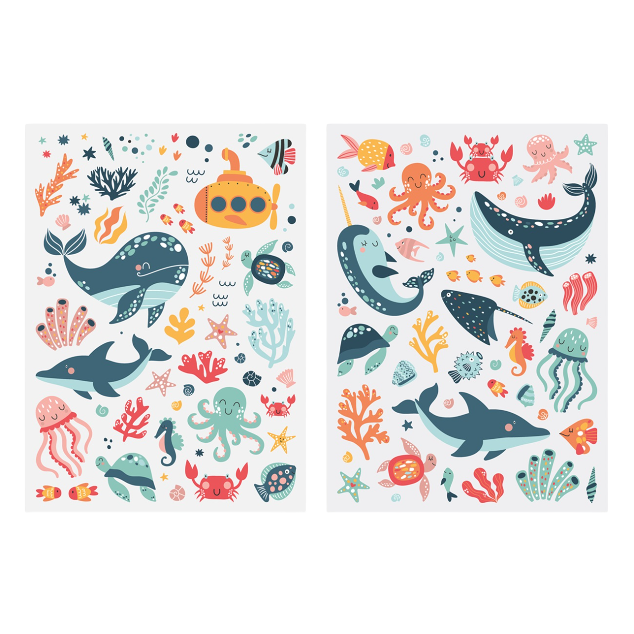 Planche de gommettes colorées représentant des animaux marins variés (dauphins, poissons, pieuvres, crabes), tailles de 0,3 à 7,5 cm, sur fond blanc-canocea