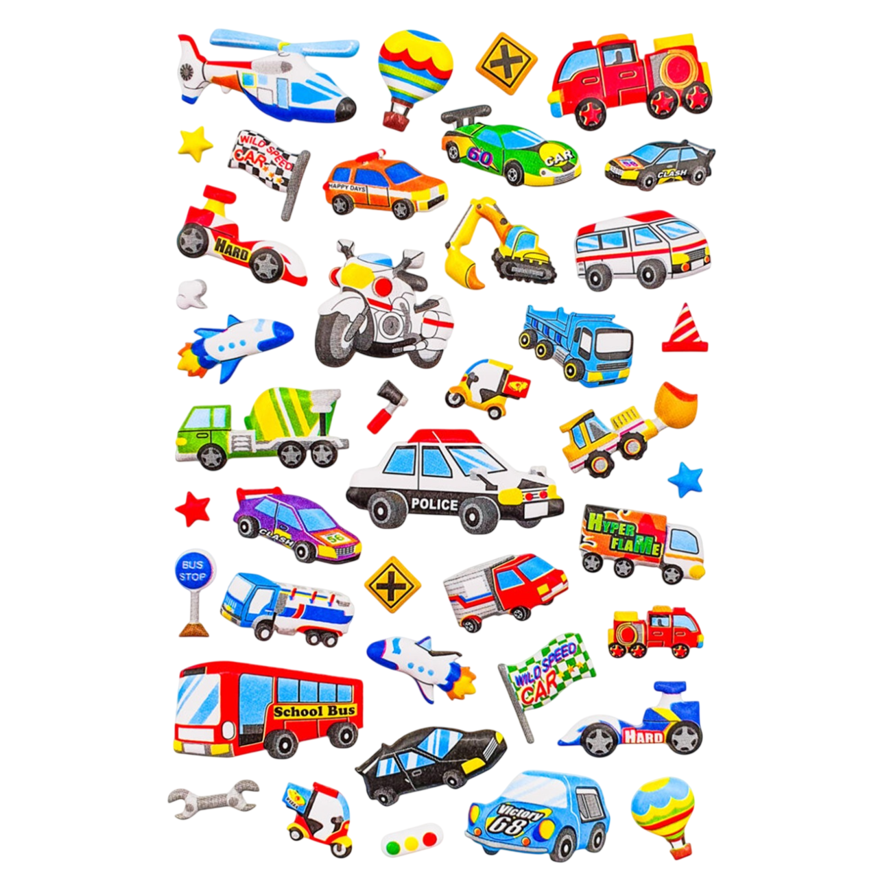 Mini stickers 3D puffy véhicules 40 pièces décor DIY. Canocea France