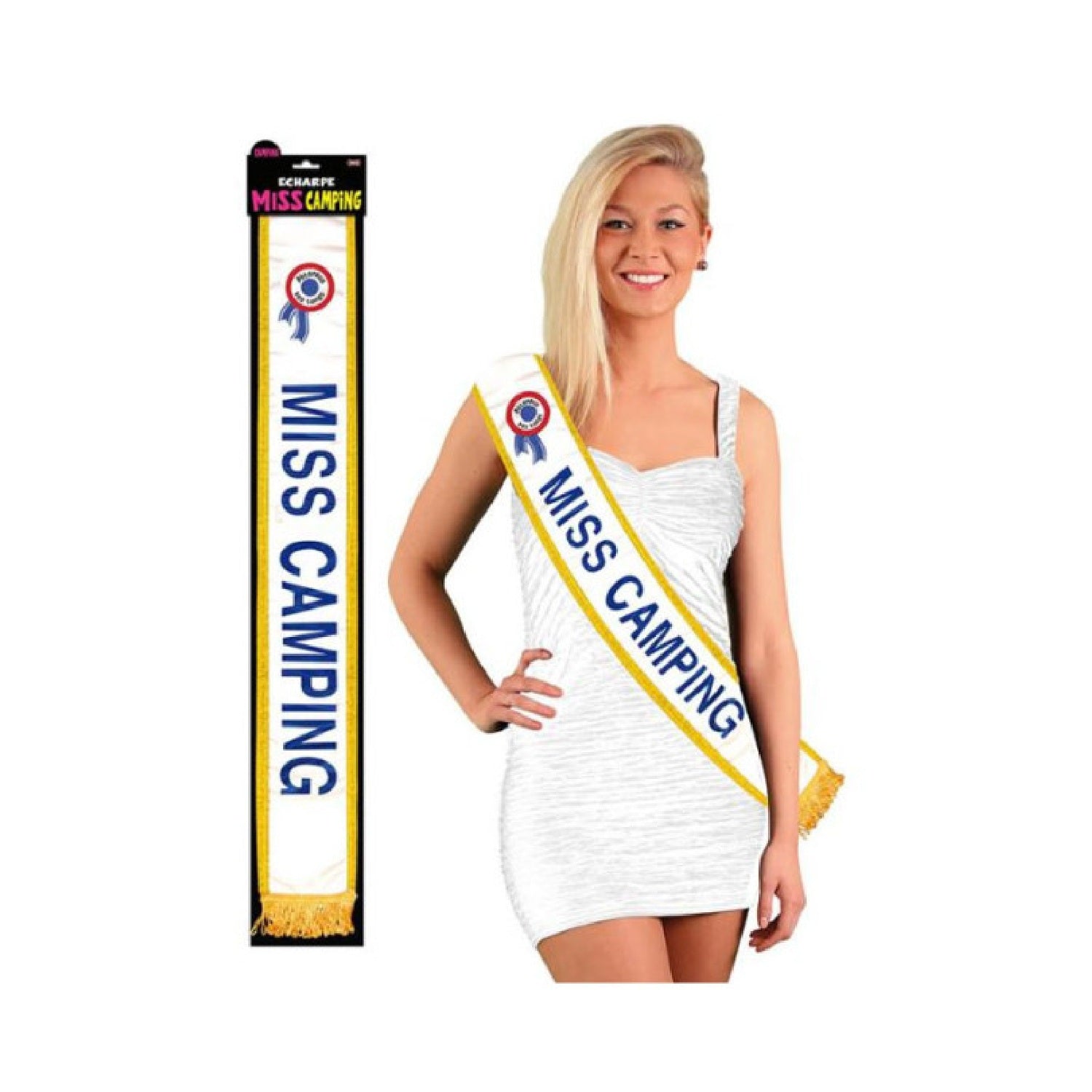 Écharpe MISS CAMPING satinée blanche pailletée avec bordure dorée. Canocea France