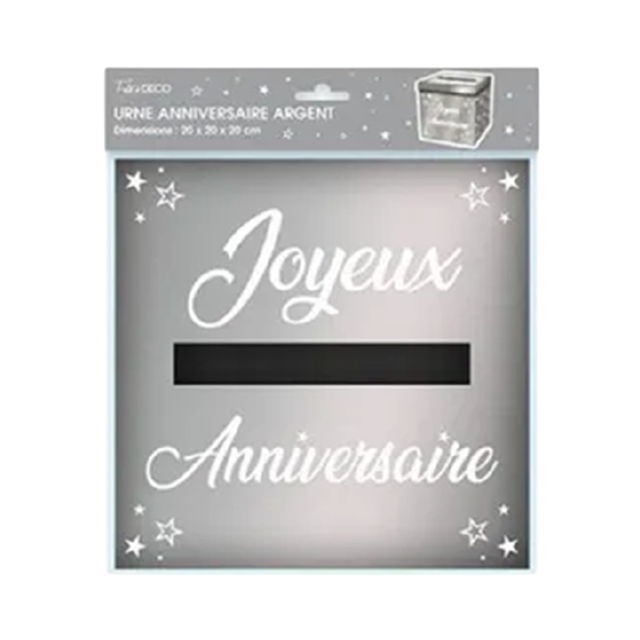 Urne carrée métallisée de couleur argent avec une inscription joyeux anniversaire. Canocea France