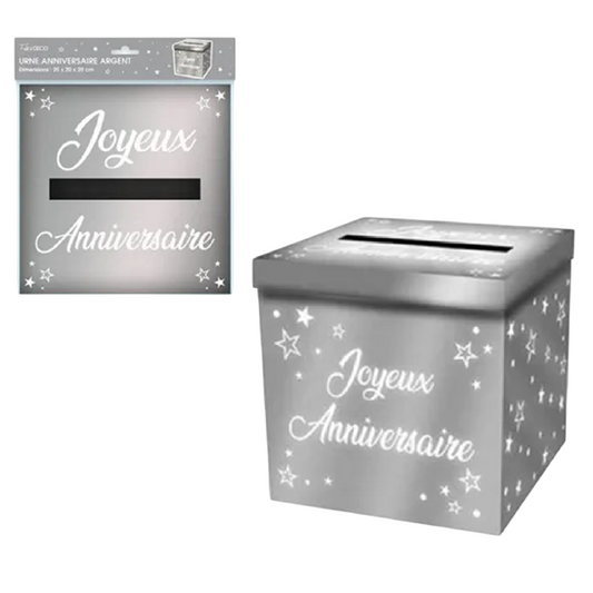 Urne Joyeux Anniversaire argent métallisée en carton 20 x 20 cm. Canocea France.