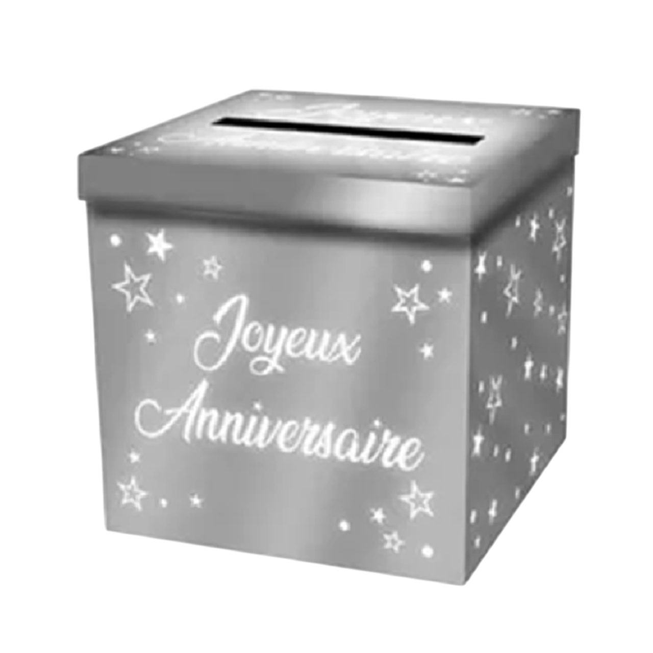 Cagnotte carton métallisée argentée 20x20x20cm inscription joyeux anniversaire. Canocea France