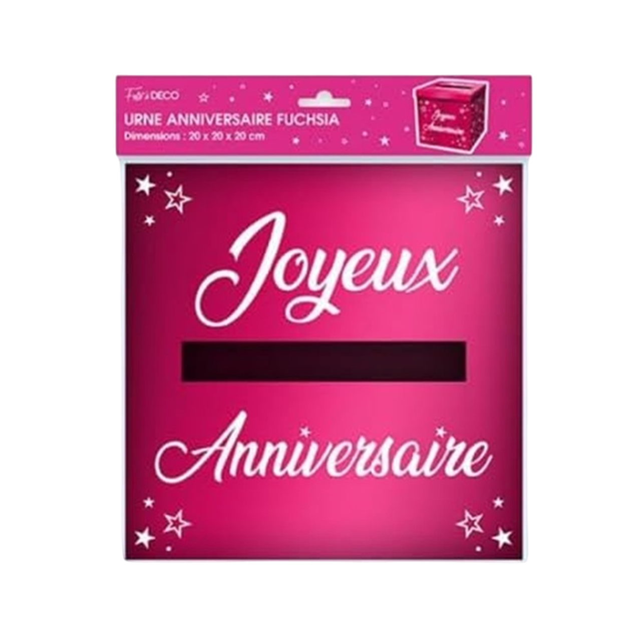 Urne en carton métallisée de couleur fuchsia mesure 20x20x20cm joyeux anniversaire. Canocea France