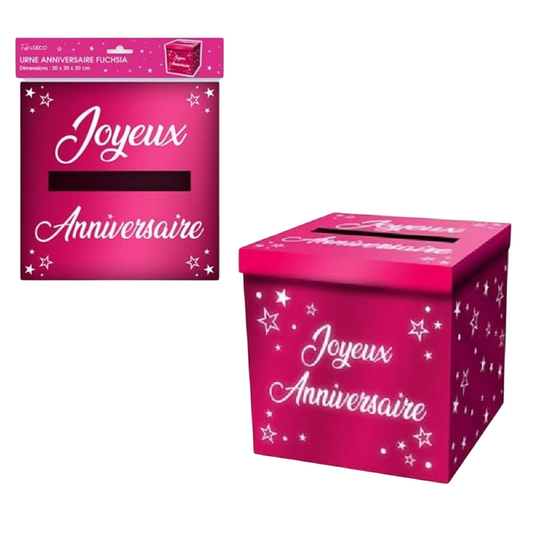 Urne anniversaire métallisée fuchsia en carton 20 x 20 cm. Canocea france