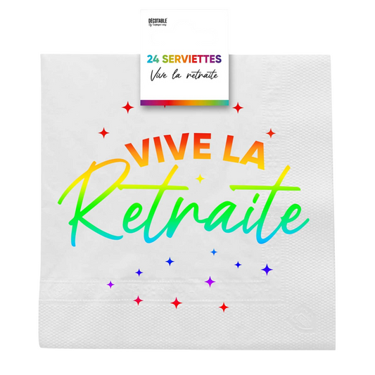 Serviettes papier multicolores “Vive la Retraite” – Lot de 24. Canocea France