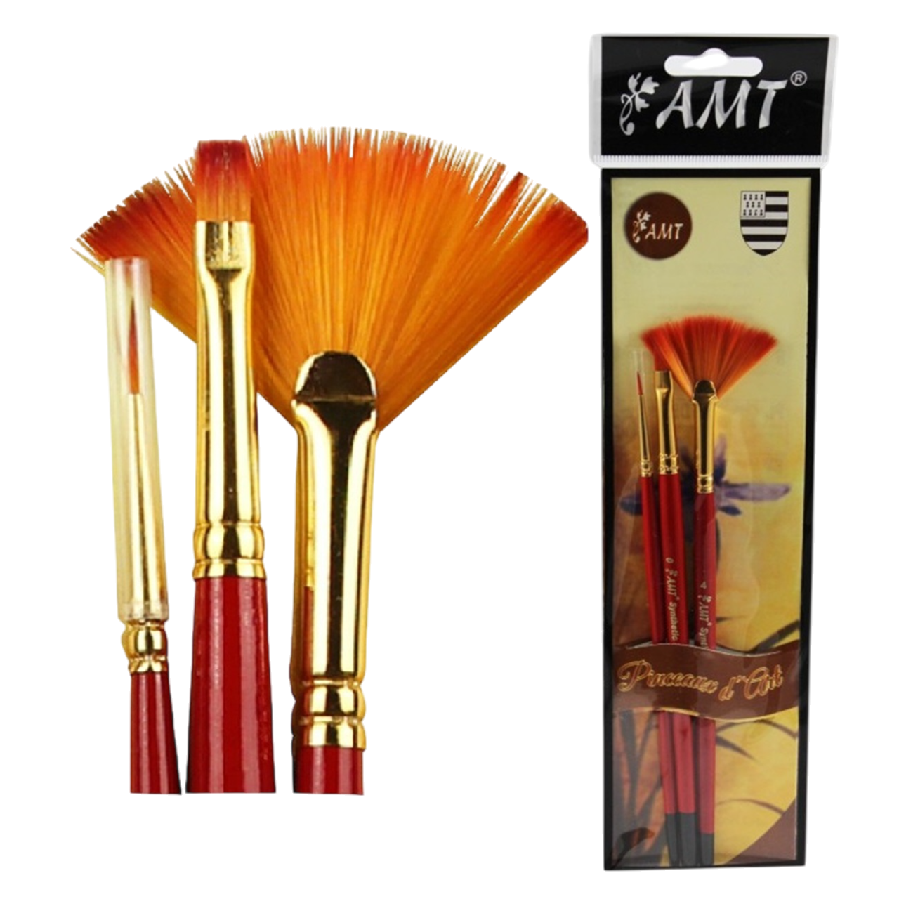 set de 3 pinceaux peinture canocéa -rond, plat, éventail