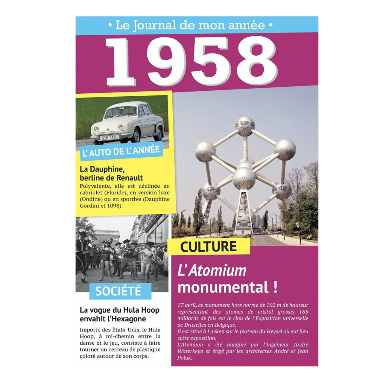 Carte Le journal de mon année 1958 fermée. Canocea France