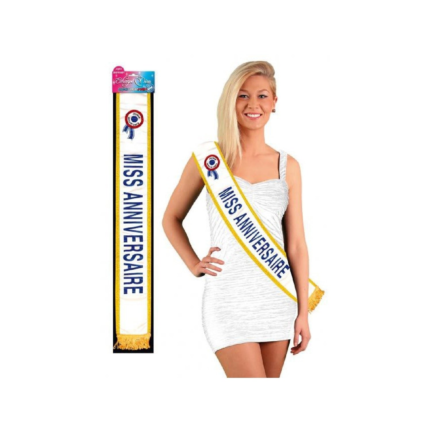 Écharpe MISS ANNIVERSAIRE satinée blanche pailletée avec bordure dorée. Canocea France