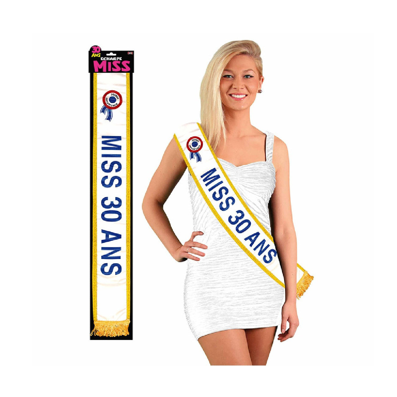 Écharpe MISS 30 ans satinée blanche pailletée avec bordure dorée. Canocea France