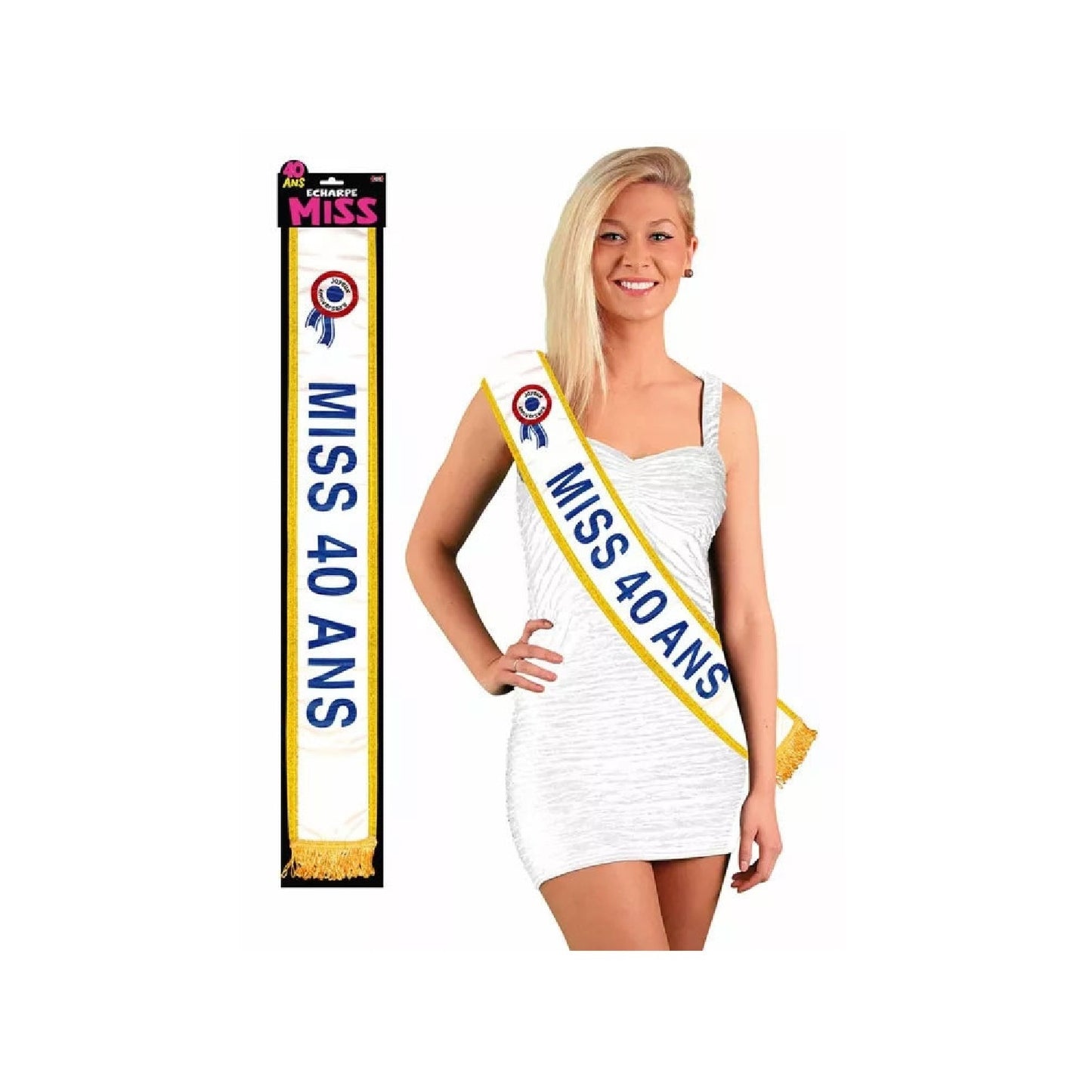 Écharpe MISS 40 ans satinée blanche pailletée avec bordure dorée. Canocea France