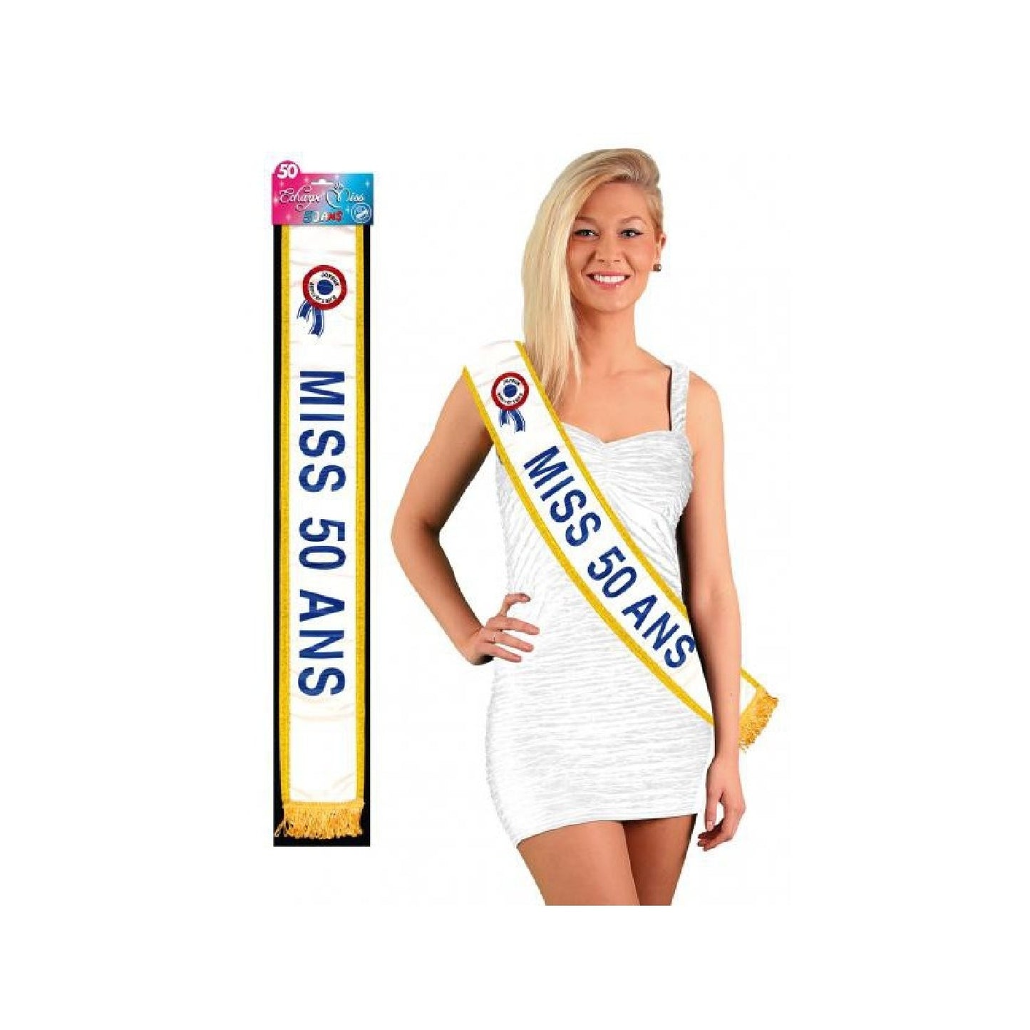Écharpe MISS 50 ans satinée blanche pailletée avec bordure dorée. Canocea France