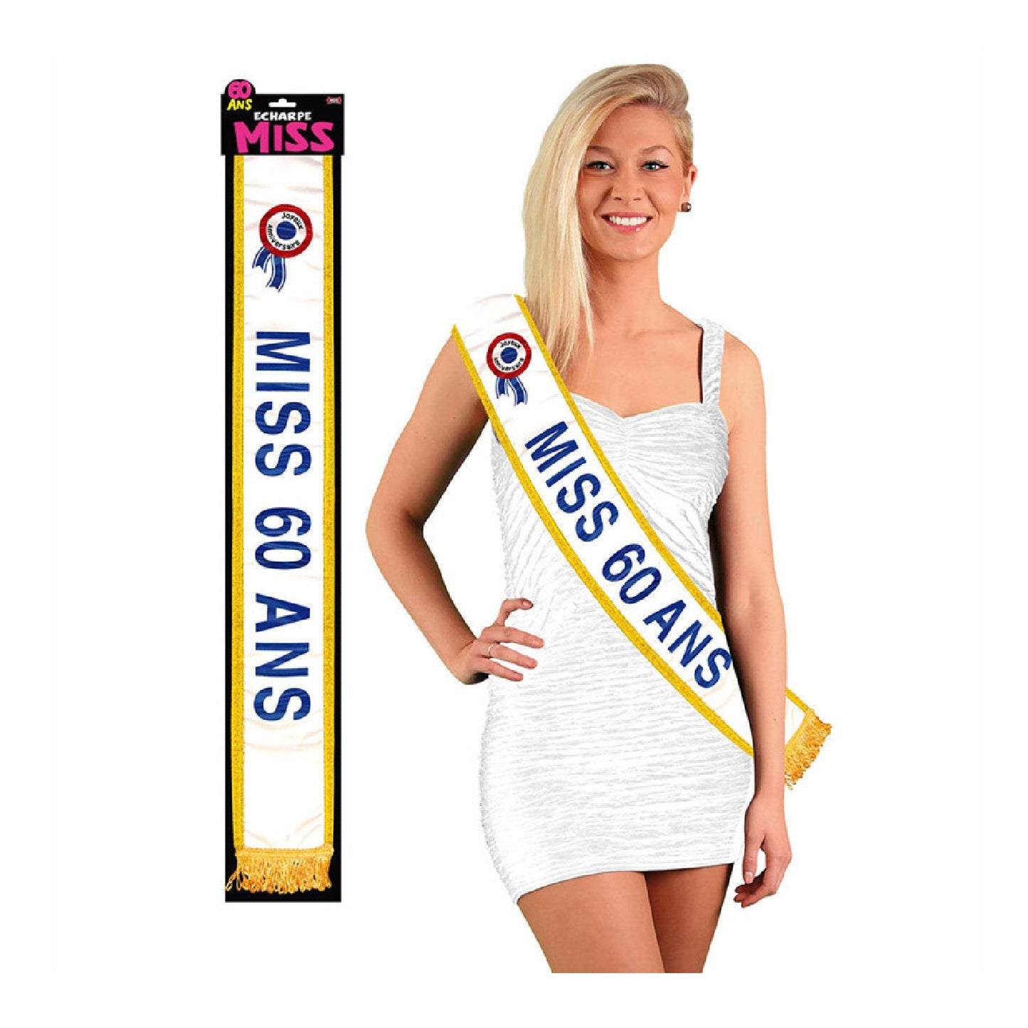 Écharpe MISS 60 ans satinée blanche pailletée avec bordure dorée. Canocea France