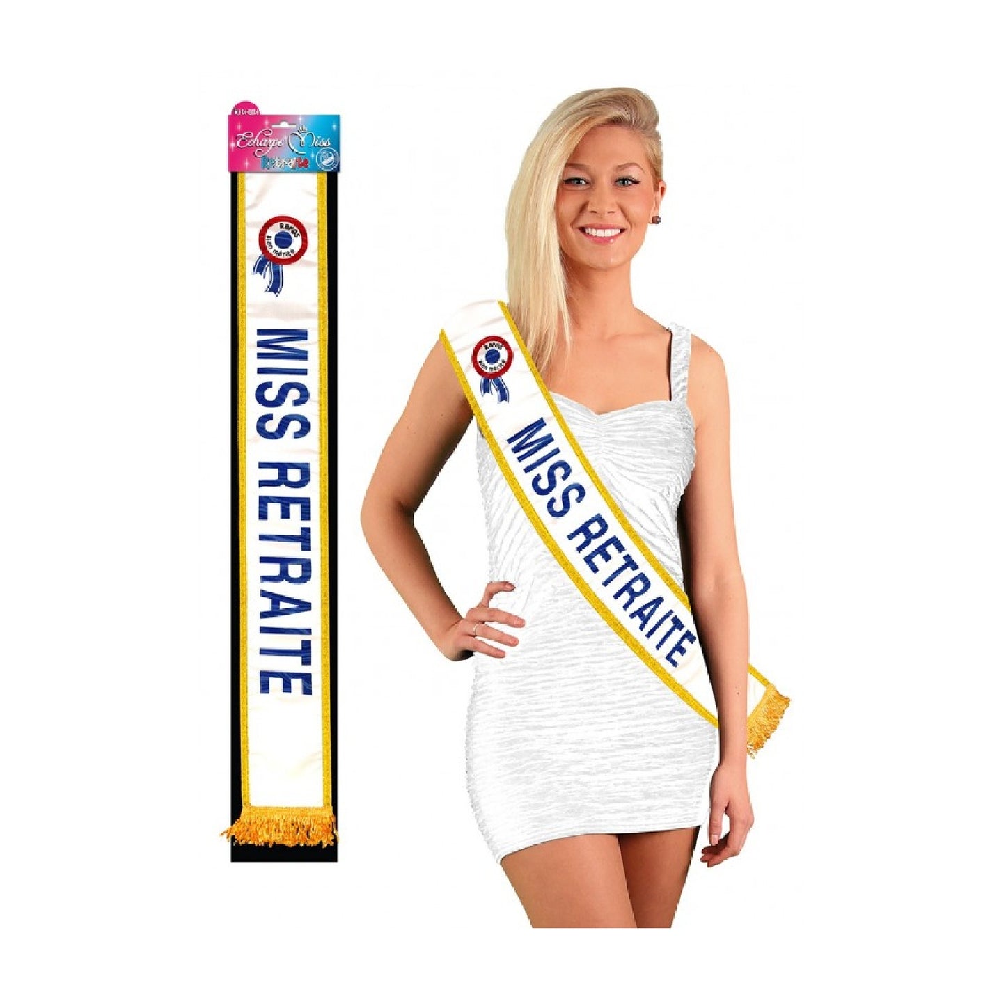 Écharpe MISS RETRAITE satinée blanche pailletée avec bordure dorée. Canocea france