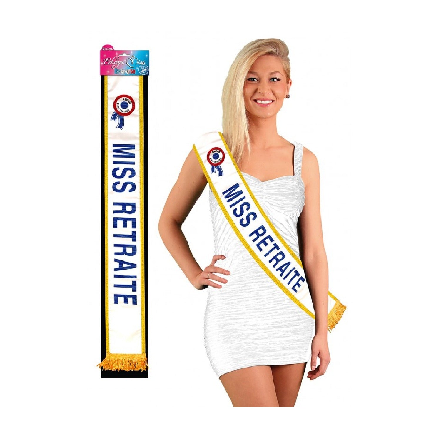 Écharpe MISS RETRAITE satinée blanche pailletée avec bordure dorée. Canocea france