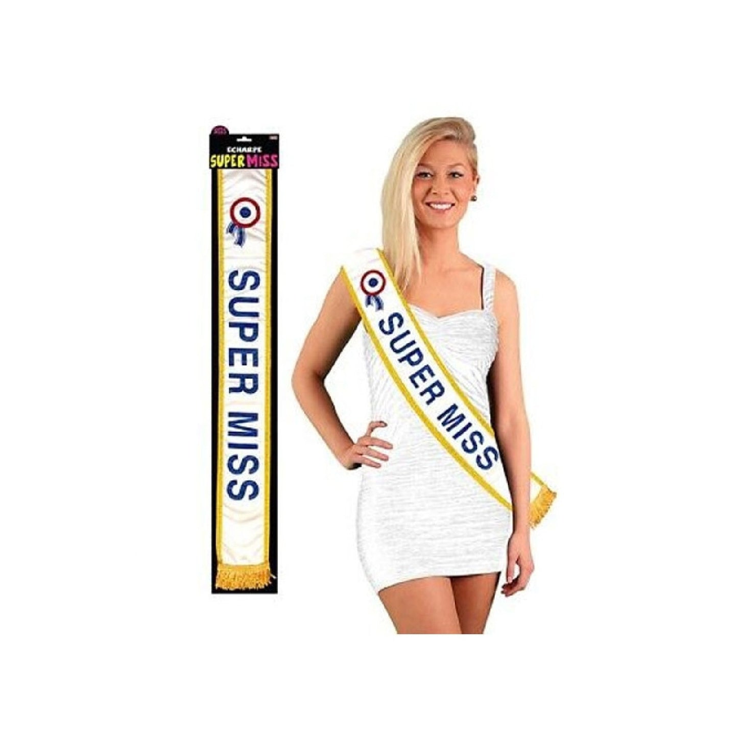 Écharpe SUPER MISS satinée blanche pailletée avec bordure dorée. Canocea france