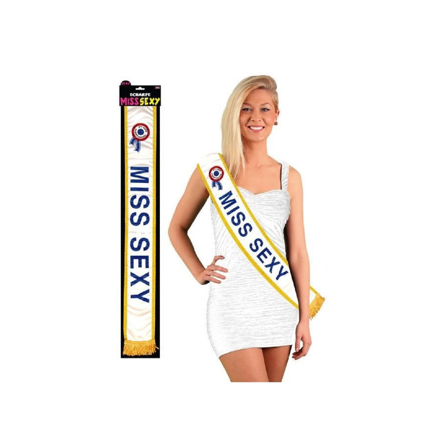 Écharpe MISS SEXY satinée blanche pailletée avec bordure dorée. Canocea France