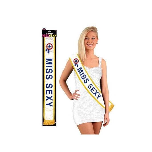 Écharpe MISS SEXY satinée blanche pailletée avec bordure dorée. Canocea France