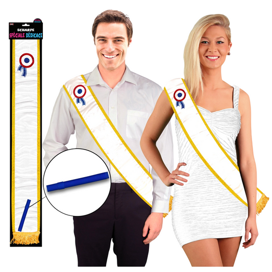 Écharpe blanche à bordure dorée avec stylo pour dédicaces de fête. Canocea France