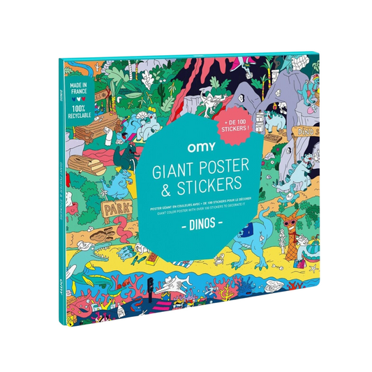 Poster géant - 100x70cm - DINOSAURE en couleur + 100 stickers pour le décorer - Fabriqué en France