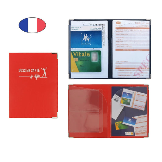 Étui santé rouge en simili cuir – pour carte Vitale, carte mutuelle et ordonnances – fabriqué en France - canocea