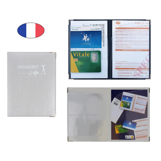Étui santé gris argent en simili cuir – pour carte Vitale, carte mutuelle et ordonnances – fabriqué en France - canocea