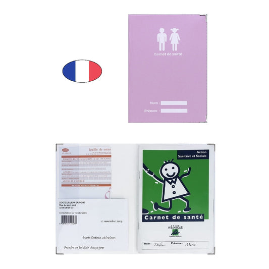 Protège carnet de santé rose pastel avec zone nom – PVC – fabriqué en France – étui ordonnances imperméable végan - canocea
