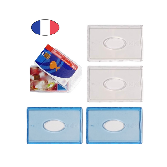 Lot 4 étuis carte bancaire rigides bleu et transparent fabriqués en France – protection résistante et anti-reflets. Canocea France