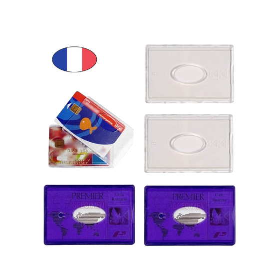 Lot 4 étuis carte bancaire rigides violet et transparent fabriqués en France – protection résistante et anti-reflets. Canocea France