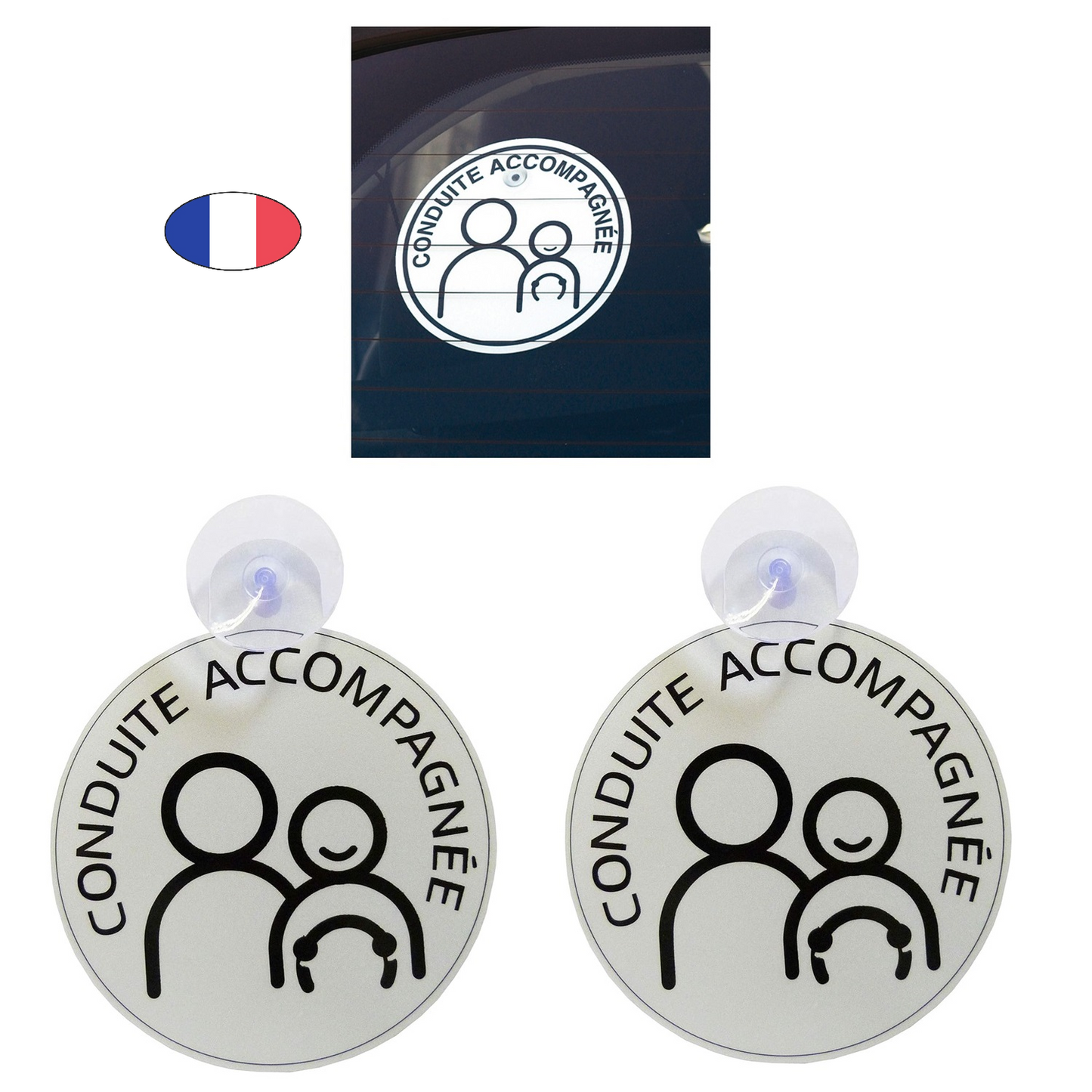 Lot 2 Disques "CA" conduite accompagnée - réfléchissant à  ventouse - Fabriqué en France - visibilité jour/nuit