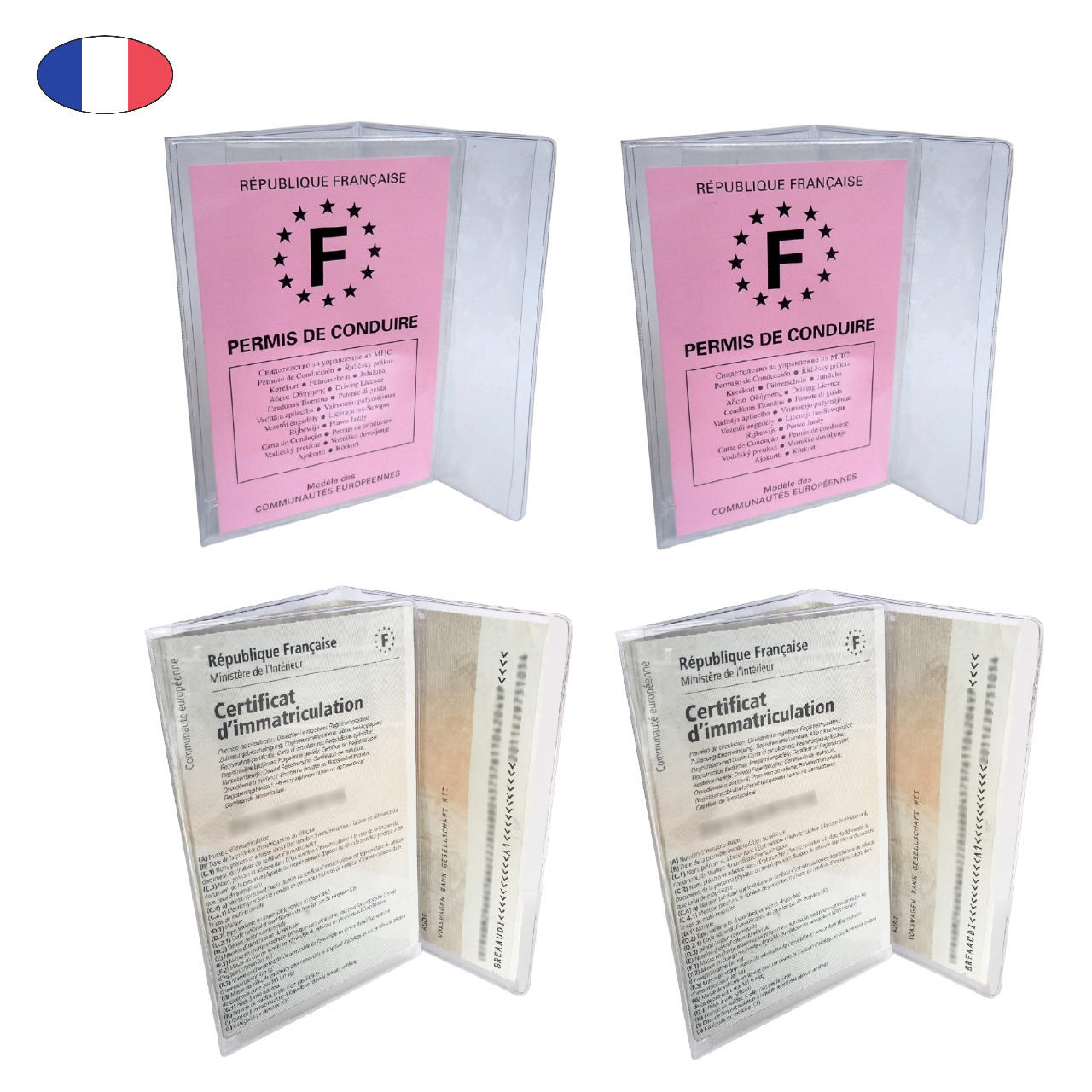 Lot 2 Etuis carte grise + 2 étuis permis de conduire - PVC cristal transparent -Fabriqué en France - Pochette voiture auto moto