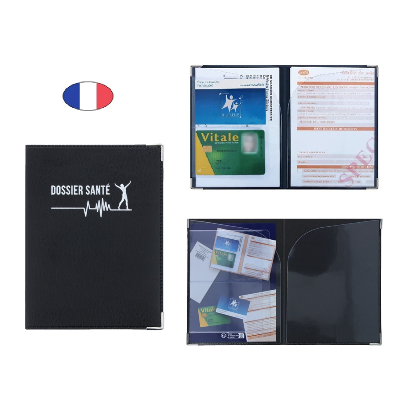 Étui santé noir en simili cuir avec poches transparentes. Canocea France