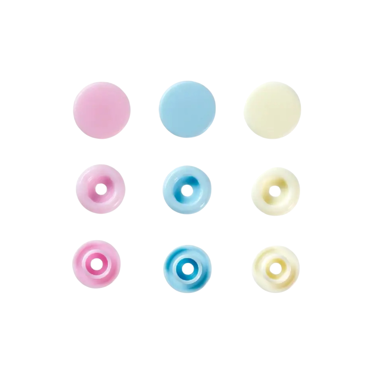 Boutons pression - Color snaps - ronds - écru/bleu/rose pastel - D12,4 mm - 21 pièces