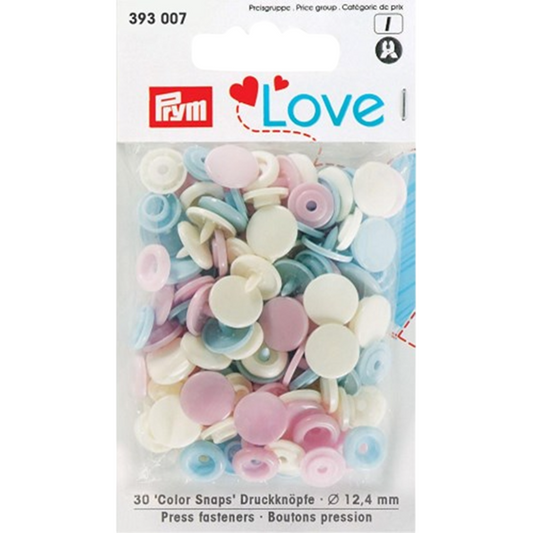 Boutons pression - Color snaps - ronds - écru/bleu/rose pastel - D12,4 mm - 21 pièces