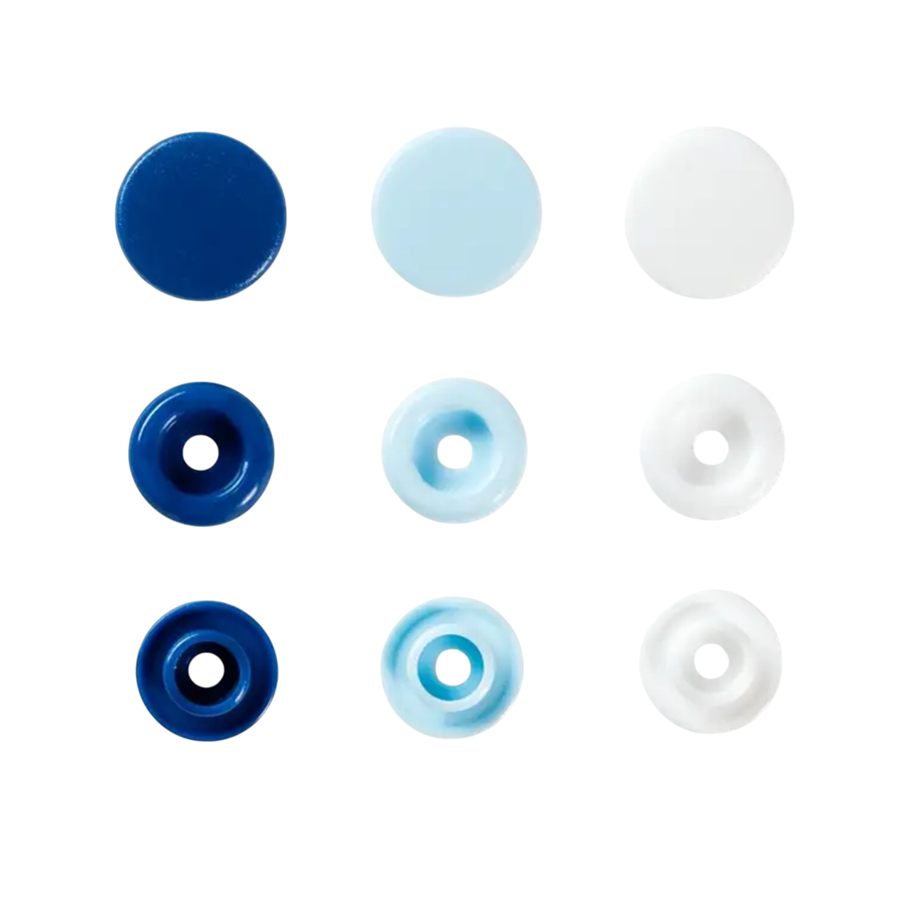 Boutons pression - Color snaps - ronds - blanc/bleu/marine - D12,4 mm - 21 pièces
