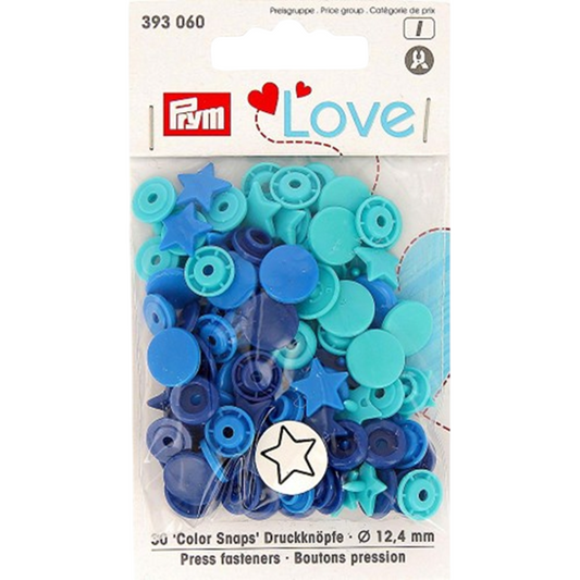 Boutons pression - Color snaps - étoiles - bleu/marine/turquoise - D12,4 mm - 21 pièces