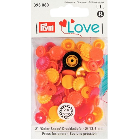 Boutons pression - Color snaps - fleur - jaune/orange/rouge - D12,4 mm - 21 pièces