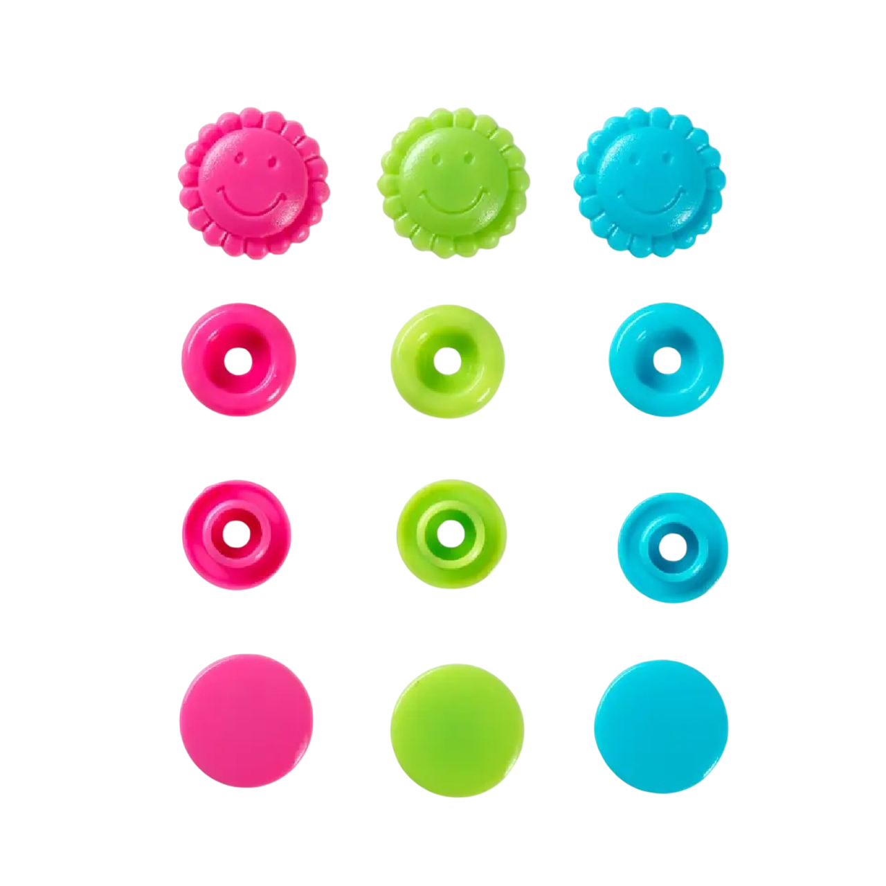 Boutons pression - Color snaps - fleurs - rose/vert/turquoise - D12,4 mm - 21 pièces