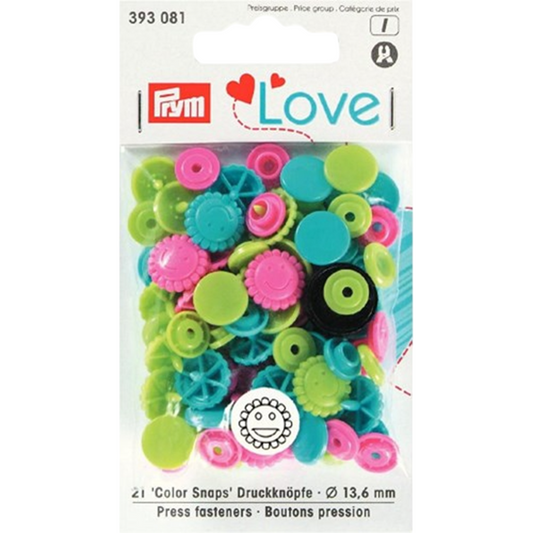 Boutons pression - Color snaps - fleurs - rose/vert/turquoise - D12,4 mm - 21 pièces
