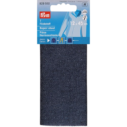 Patch thermocollant Prym en coton épais, coloris jeans foncé, format 12x45 cm. Présenté à plat sur fond neutre. canocea