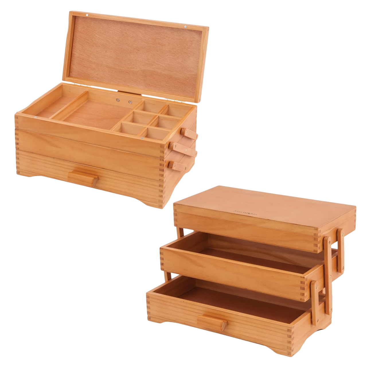 boîte de rangement en bois de pin 3 étages ouverte. Canocea France