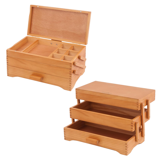 boîte de rangement en bois de pin 3 étages ouverte. Canocea France