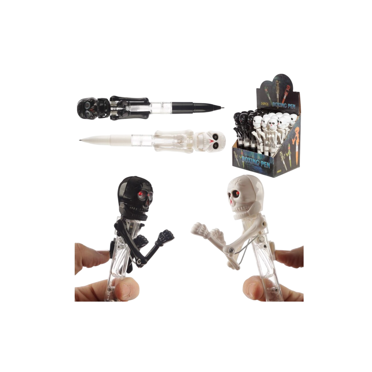 Stylos squelette boxant - noir et blanc - 18 x 3 x 4 cm - pointe fine, encre bleu - Halloween