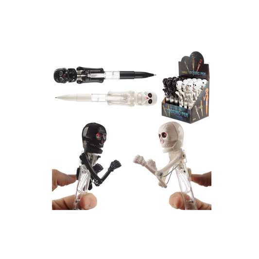 Stylos squelette boxant - noir et blanc - 18 x 3 x 4 cm - pointe fine, encre bleu - Halloween