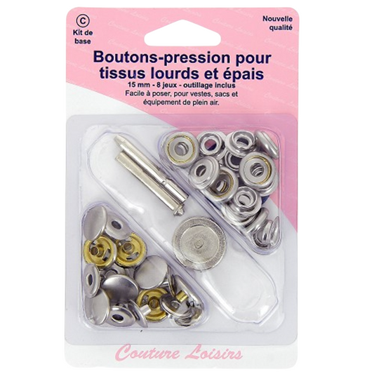 Bouton-pression - Tissu épais et lourds - Outil de pose inclus - 15 mm - Nickel - 8 pièces