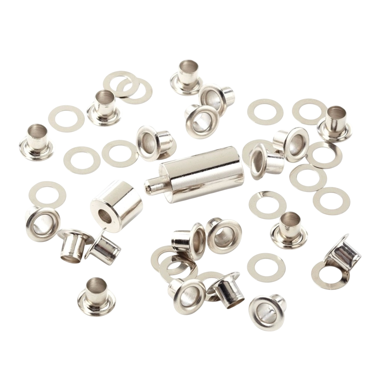 Lot de 20 œillets métalliques nickelés avec outil de pose pour tissu ou bâche. Canocea