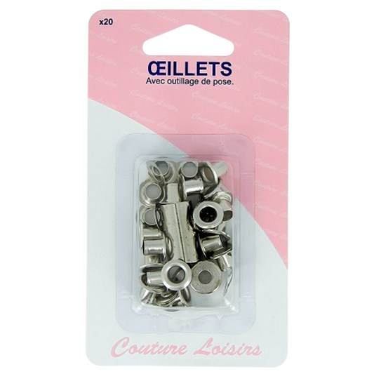 Lot de 20 œillets métalliques nickelés avec outil de pose manuel, idéal pour tissus, bâches, ou cuir. Canocea