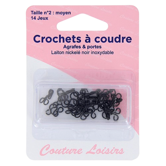 Crochets à coudre - métal inoxydable - noir - 14 jeux - taille n°2 moyen