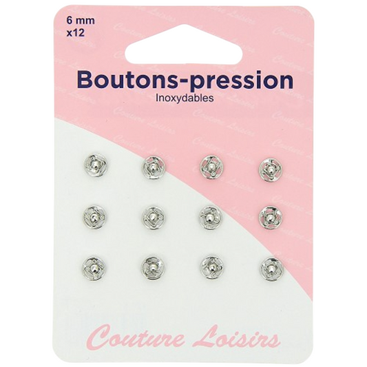 Boutons pression - 6 mm  - Argenté - 12 jeux - inoxydable - à coudre