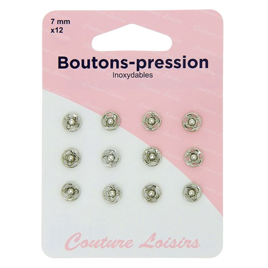Boutons pression - 7 mm  - Argentés - 12 jeux - inoxydable - à coudre