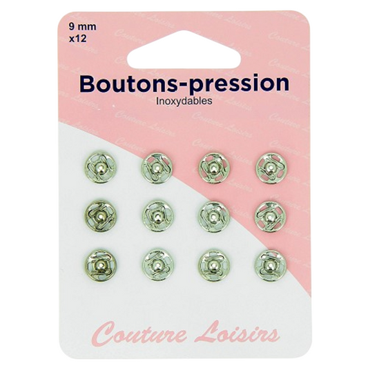 Boutons pression - 9 mm  - Argenté - 12 jeux - inoxydable - à coudre